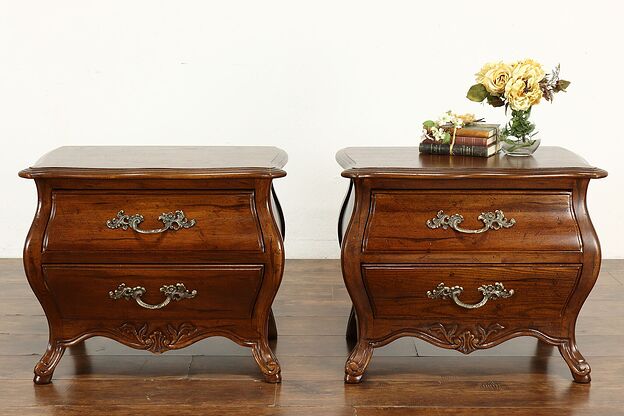 Pair of Bombe Country French Carved Chests, Nightstands or Lamp Tables #40808 photo
