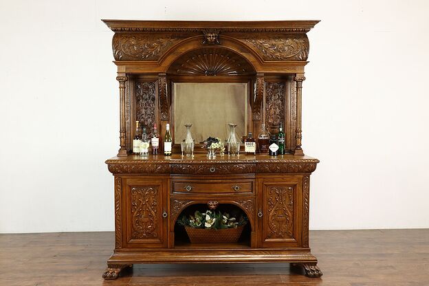Renaissance Hand Carved Antique Oak Back Bar, China Cabinet, Sideboard #40483 photo