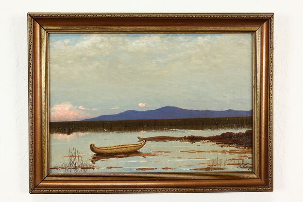 Lake with Canoe & Mountains Original Vintage Oil Painting Rubina 18"  #41397 photo