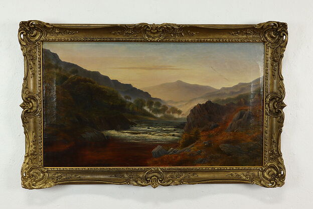 Mountain Valley with River Waterfall Original Antique Oil Painting 42" #41335 photo