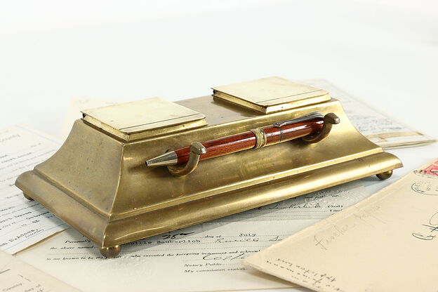 Brass Antique Double Inkwell & Pen Holder, Bradley & Hubbard #40132 photo