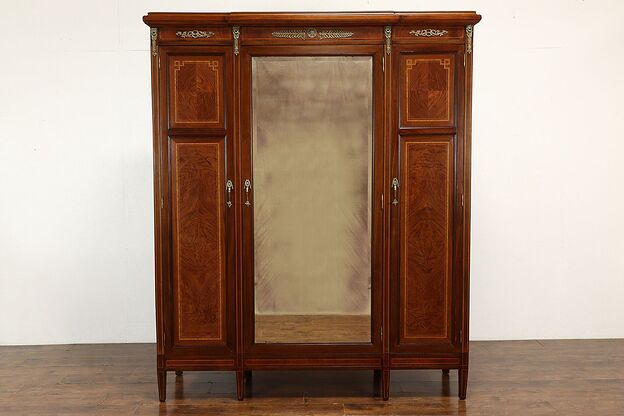 Italian Antique Banded Rosewood Armoire, Wardrobe, Closet, Beveled Mirror #38257 photo