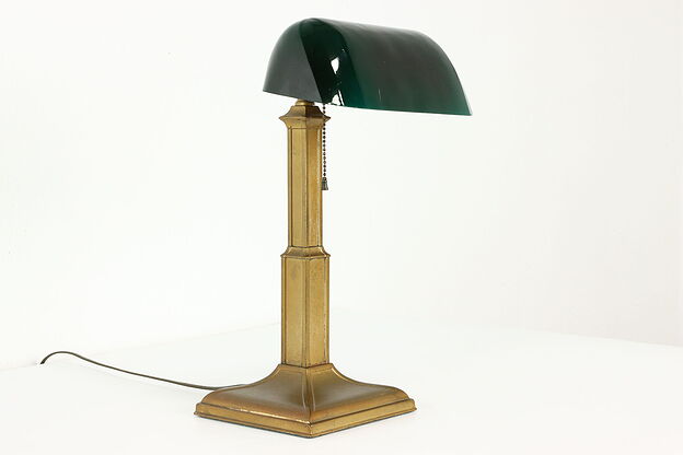 Banker Antique Office Library or Desk Lamp Emerald Glass Shade Farberware #40905 photo