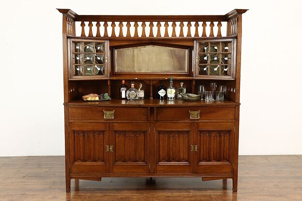 Arts & Crafts Antique Oak Dutch Backbar Server Sideboard, Bar Cabinet #40261 photo