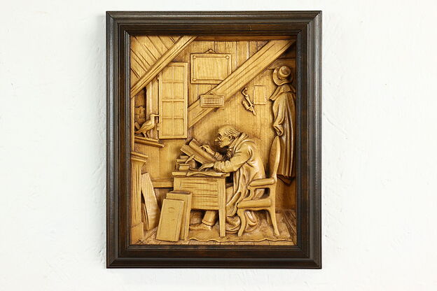 Scholar in Attic Reading German Vintage Carved Wall Plaque After Spitzweg #40955 photo