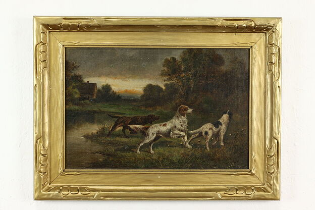 Hunting Dogs Pointing Victorian Original Antique Oil Painting Milno 23.5" #41054 photo