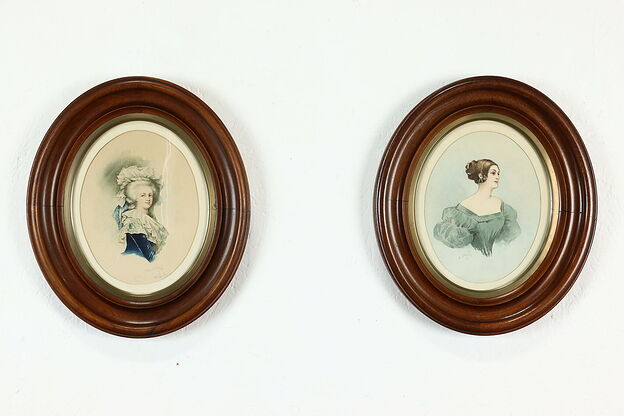 Oval Pair of Portraits Antique Original Watercolor Paintings, Grylls 14" #41632] photo