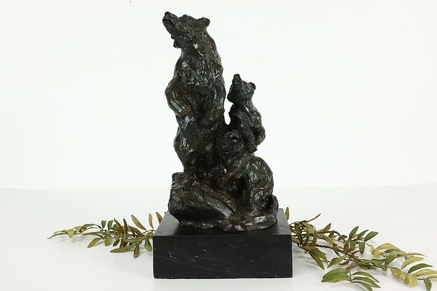 Mother Bear and Two Cubs Statue Bronze Sculpture on Marble Base, Lopez #40993 photo