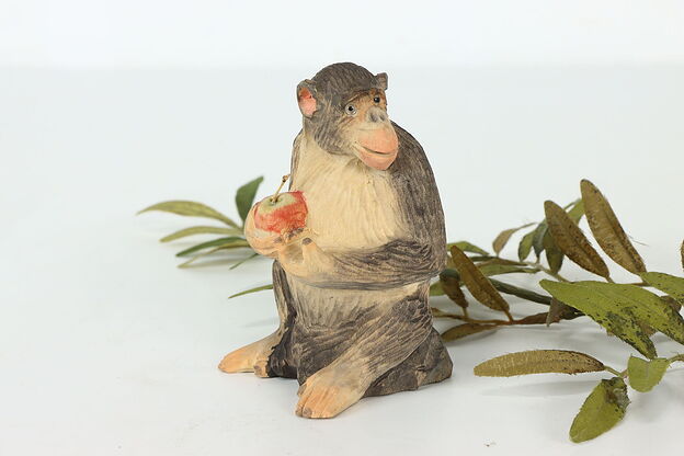 Swiss Hand Carved Vintage Monkey with Apple Sculpture  #41568 photo