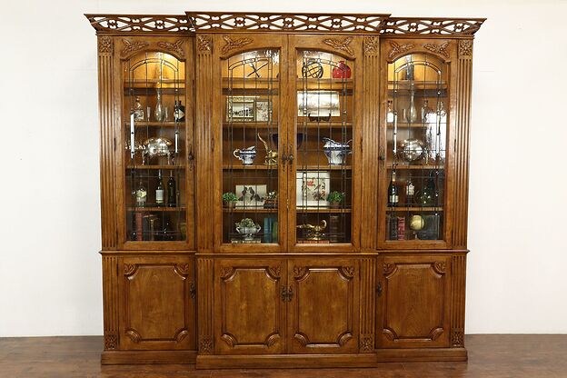 Monumental Designer Walnut Bookcase, Display Cabinet, Leaded Glass Doors #41721 photo