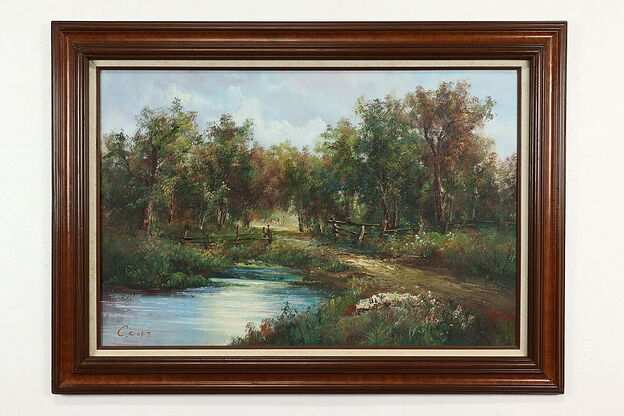 Forest Path, River & Bridge Vintage Original Oil Painting, Coft 44" #41020 photo