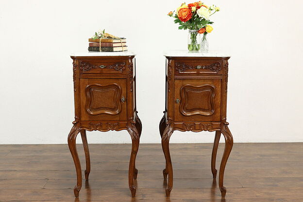 Pair of Oak Antique French Marble Top Nightstands, End or Lamp Tables #41369 photo