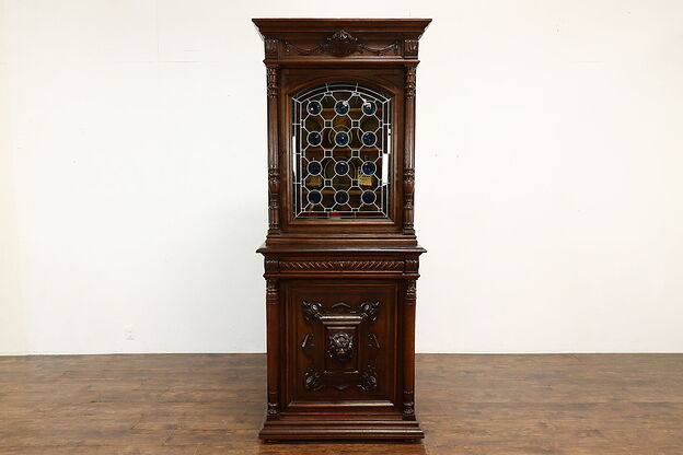 French Renaissance Antique Oak China Cabinet or Bookcase, Stained Glass #40256 photo