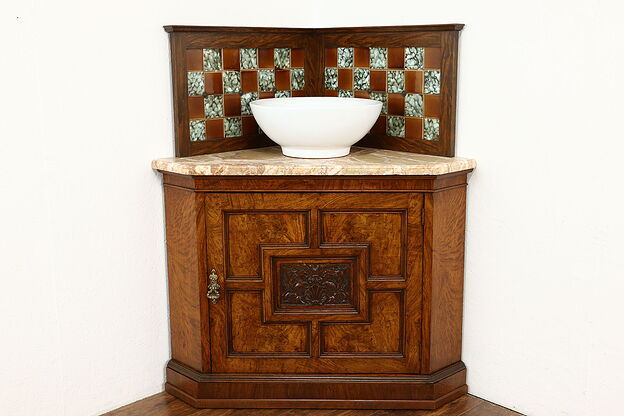 Victorian Antique English Corner Cabinet, Vessel Sink Vanity, Marble Top #40784 photo
