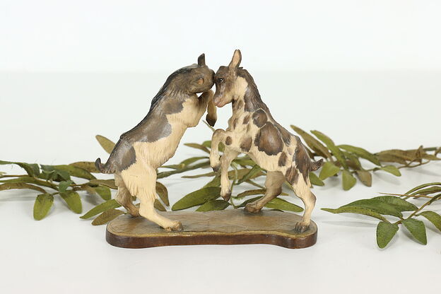 Hand Carved Vintage Baby Goats Playing Alpine Sculpture, Anri #41374 photo