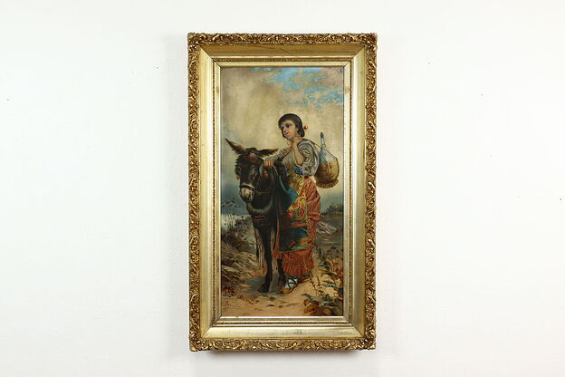Spanish Woman & Donkey Antique Original Oil Painting 44.5" #41600 photo