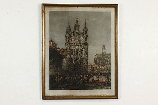 French Cathedral & Village Antique Etching Print, Fonce 29" #40057 photo