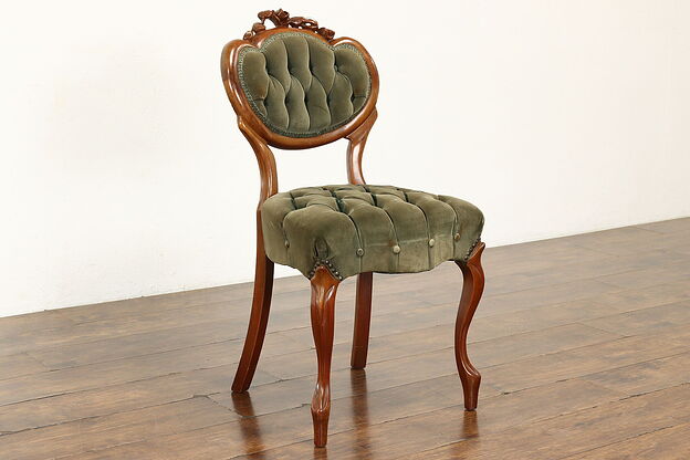 Victorian Design Vintage Carved Walnut Side Chair, Tufted Velvet #41735 photo