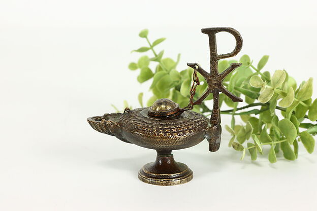 Miniature Vintage Greek Bronze Oil Lamp, Chi Rho Christ Symbol #41210 photo