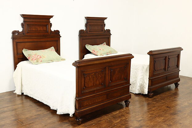 Pair of Antique Italian Renaissance Carved Walnut Twin or Single Beds #40572 photo