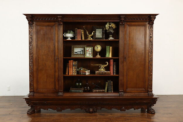 Renaissance Vintage Mahogany Office or Library Bookcase, Carved Figures #40250 photo