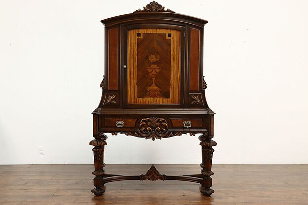 Tudor Design Antique Carved & Marquetry China or Bar Cabinet, Rockford #41713 photo