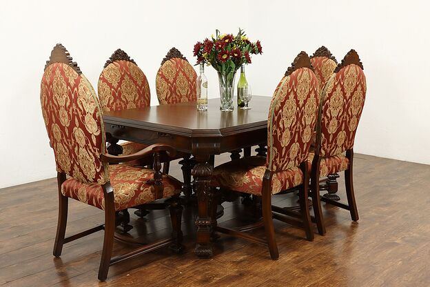 Tudor Vintage Carved Dining Set, Table w/ 3 Leaves & 6 Chairs, Rockford #41711 photo