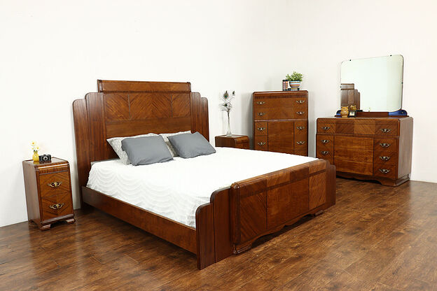 Art Deco Waterfall Design Vintage 5 Pc. Bedroom Set, King Size Bed #40349 photo