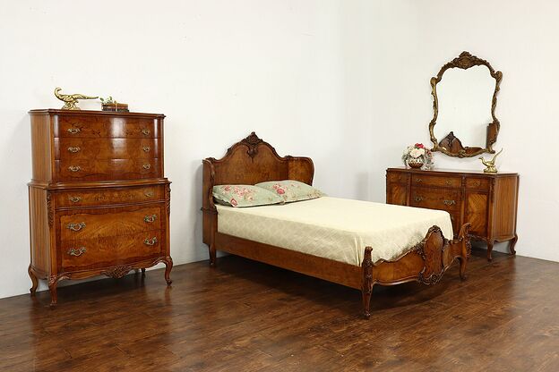 French Design Antique Carved Satinwood & Burl 3 Pc. Bedroom Set Full Size #41708 photo