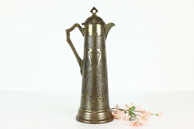 Arts & Crafts Design Antique Embossed Brass Pitcher or Tankard, Cover #41213 photo