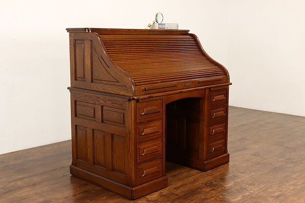 Victorian Oak Antique S Curve Roll Top Office Desk, Raised Panels #41523 photo