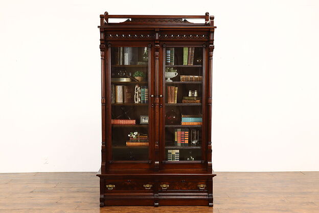 Victorian Eastlake Antique Walnut Office or Library Bookcase, Wavy Glass #41608 photo