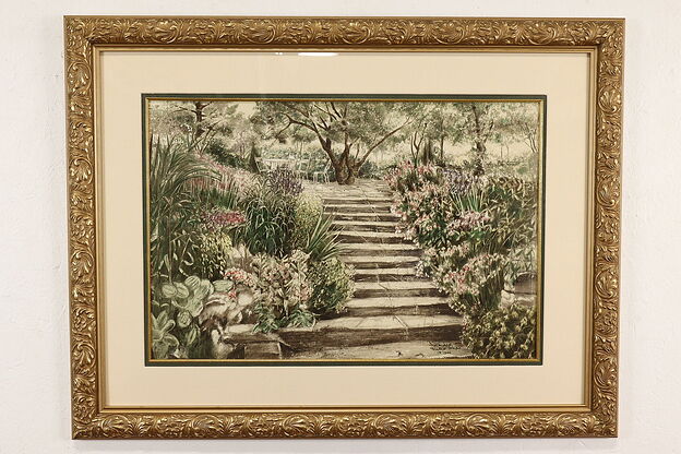 Patio Steps in a Garden Vintage Original Numbered Lithograph, Sahall 42" #41155 photo