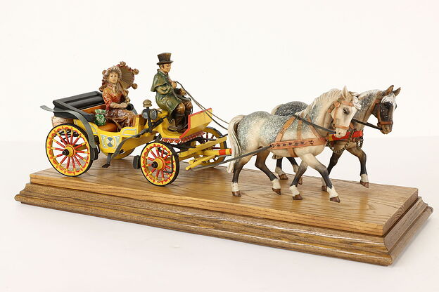 Swiss Hand Carved Statue Vintage Horse & Carriage, Lady Sculpture #40935 photo