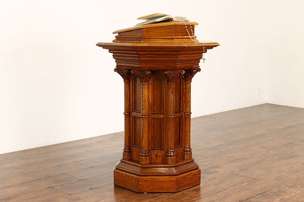 Gothic Antique Oak & Leather Podium, Reception Desk or Bible Stand #41639 photo
