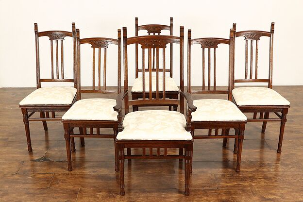 Victorian Eastlake Set of 6 Carved Oak Antique Dining Chairs, New Seats #37629 photo