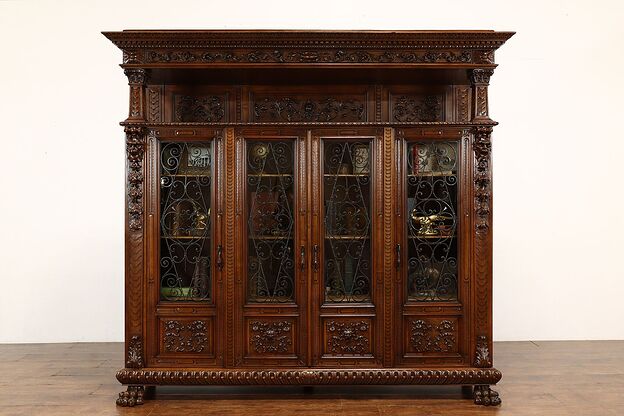 Italian Renaissance Antique Walnut Office Library Bookcase, Carved Lions #41541 photo