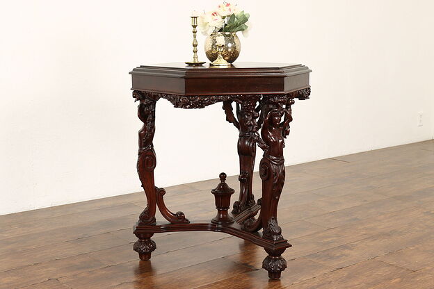 Hexagonal Antique Walnut Marquetry Hall, Lamp, End Table, Sculpture Legs #41619 photo