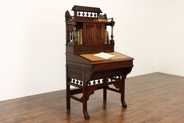 Victorian Eastlake Antique Carved Walnut Secretary Desk, Leather Top #41825 photo