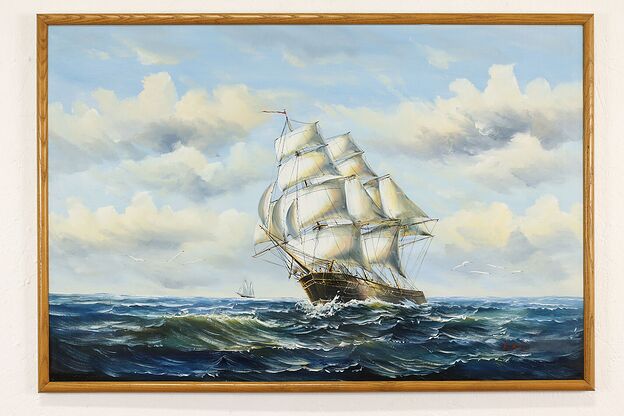 Clipper Ship At Sea Vintage Original Oil Painting, Dossi 37.5" #41914 photo