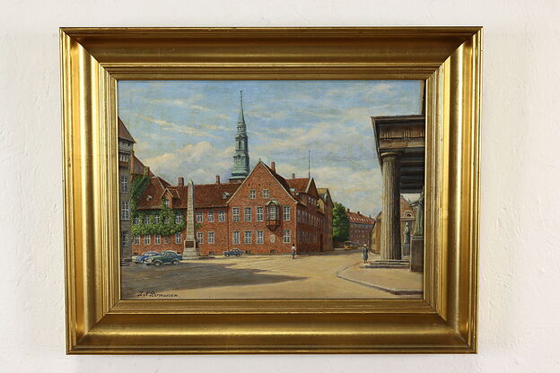 Copenhagen Denmark Scene Antique Original Oil Painting Rasmussen 20.5" #41059 photo