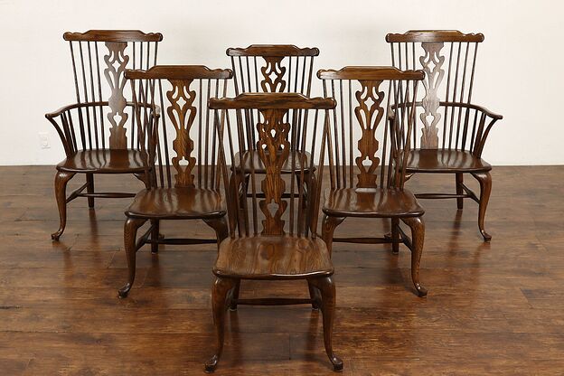 Set of 6 Farmhouse Vintage Georgian Windsor Design Oak Dining Chairs #36433 photo