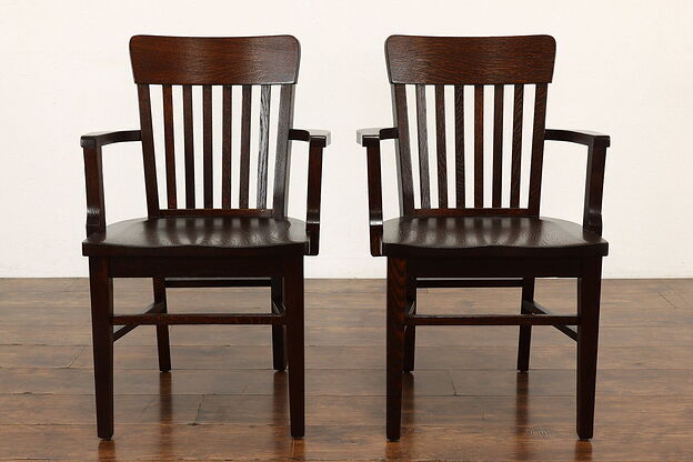 Pair of Arts & Crafts Antique Oak Craftsman Banker, Office or Desk Chairs #39750 photo