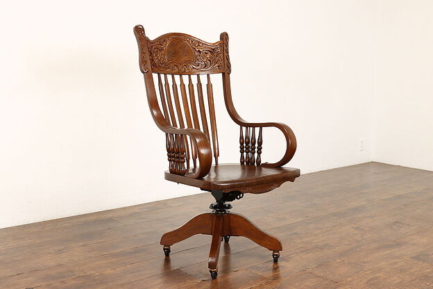 Victorian Antique Pressback Carved Adjustable Swivel Office Desk Chair #40062 photo
