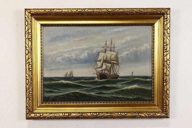 Sailing Ships at Sea Vintage Original Oil Painting, Lange 33" #41913 photo