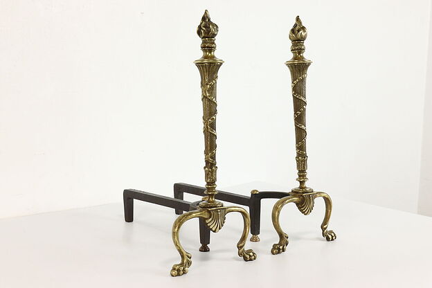 Pair of Neoclassic Antique Brass & Iron Torch Shape Fireplace Andirons #41870 photo