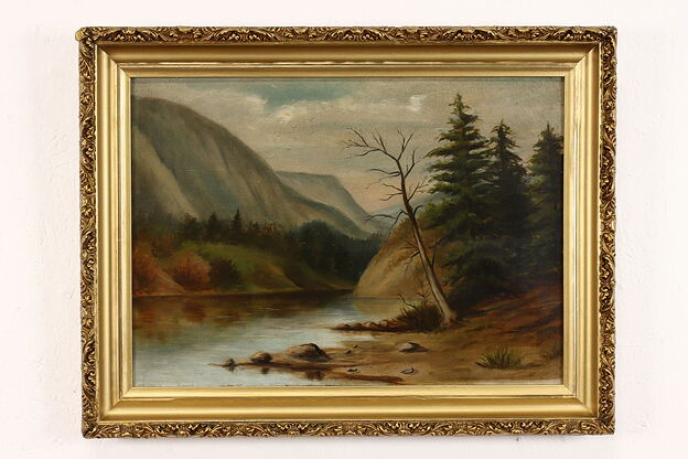 River Flowing Beneath Mountain Antique Original Oil Painting 25.5" #40779 photo