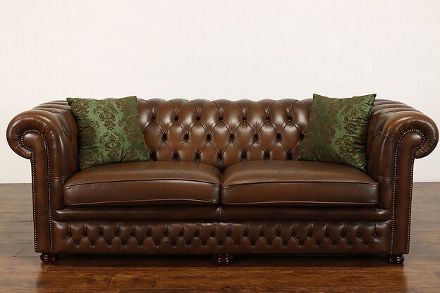 English Chesterfield Tufted Chestnut Leather Vintage Traditional Sofa #42038 photo