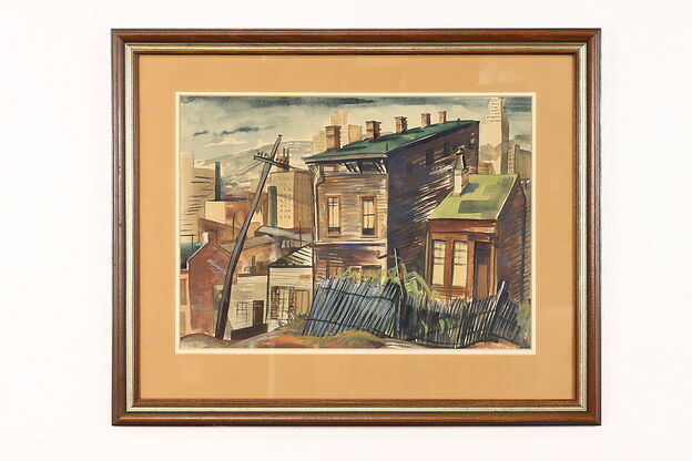 Bustling City Neighborhood Vintage Watercolor Painting, Signed 27.5" #42043 photo