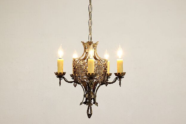 Gothic Antique Brass & Iron 5 Candle Chandelier, Coats of Arms #41447 photo